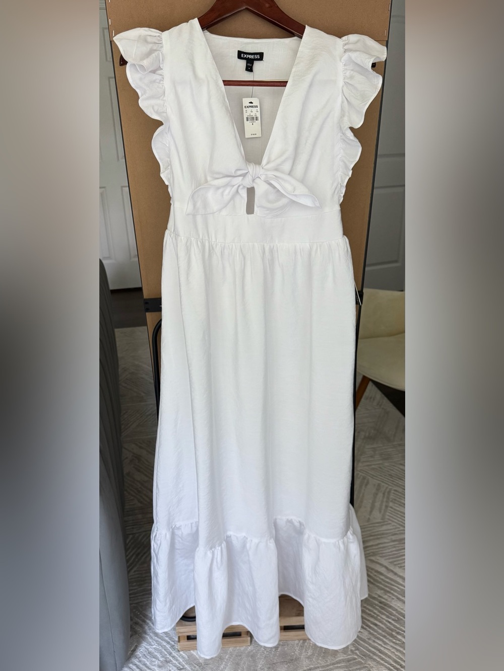 🆕 Express White Poplin Ruffle Tie-Front Maxi Dress